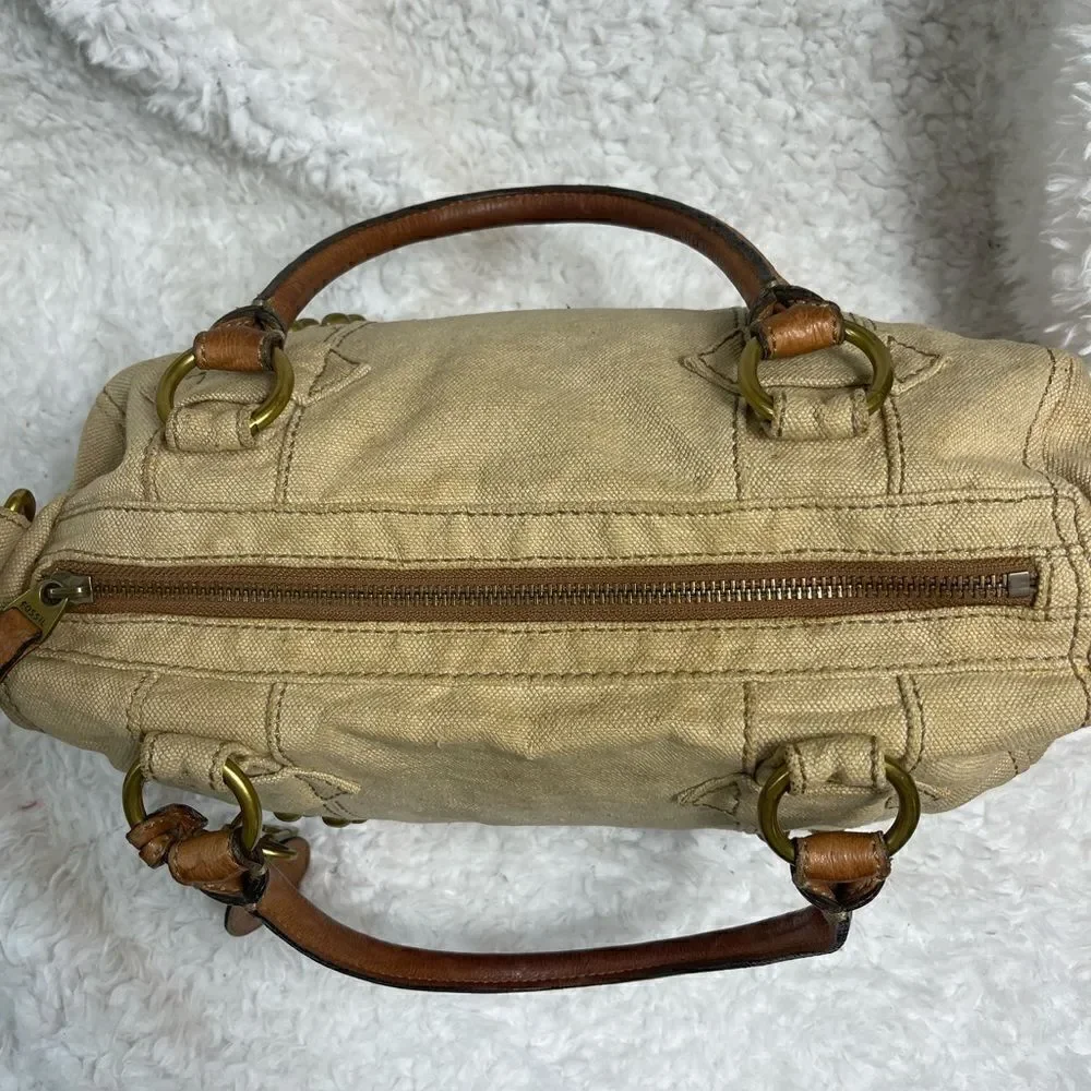 Fossil long live vintage khaki burlap Boston bag with leather tan straps .